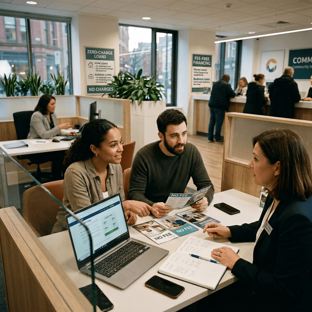 Advisor discussing lending options with two clients at a community service desk